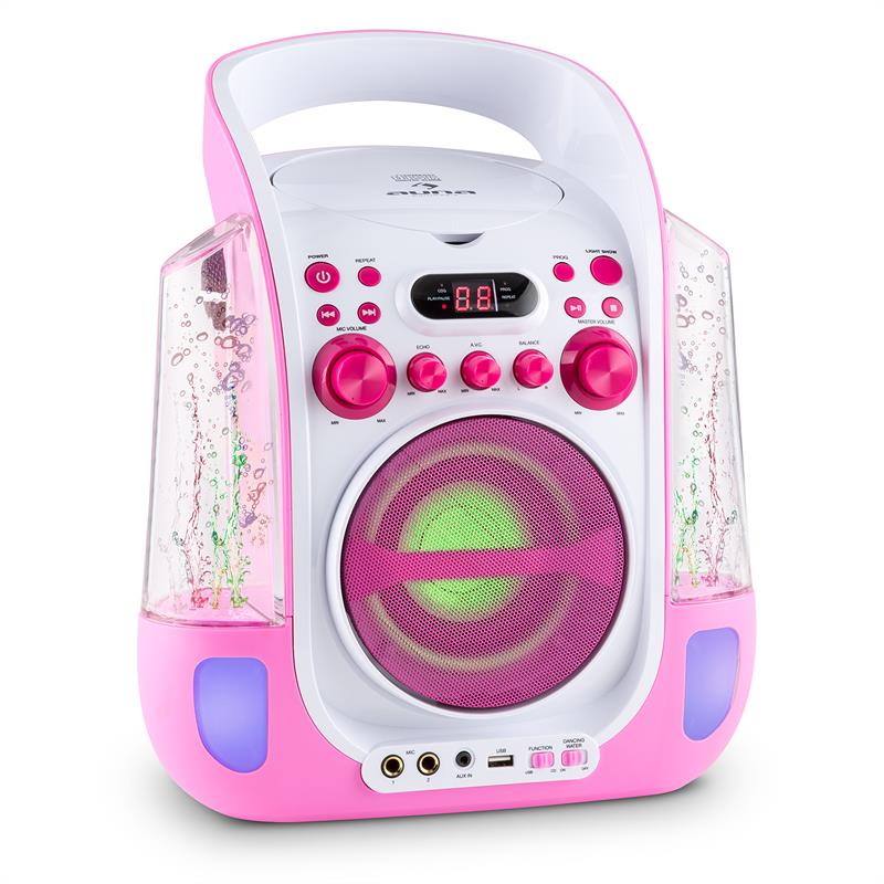 Kara Liquida Karaokeanlage CD USB MP3 Wasserstrahl LED 2x Mikro mobil Pink