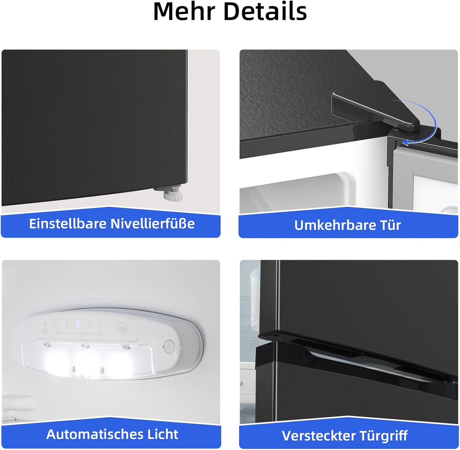 CHIQ Freistehender Kühlschrank mit Gefrierfach | Kühl-Gefrierkombination 114 cm Höhe, 47 cm Breit, 117L| 4 Sterne Gefrieren -24℃ | LED Litcht | Dunkler Edelstahl Look, for Eigentumswohnungen