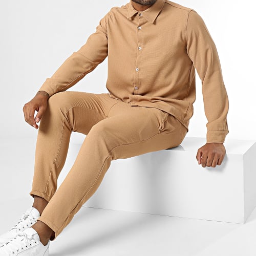 Ensemble Chemise Manches Longues Et Pantalon Jogging Ecru Camel