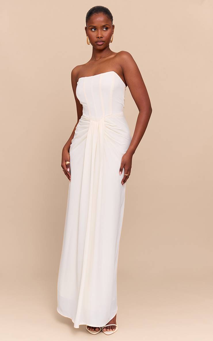 Crème Robe Longue Drapée À Détail Corset Bandeau