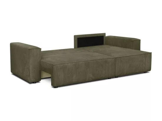 Canapé d'angle convertible réversible 4 places avec coffre de rangement en velours côtelé vert kaki - Livia