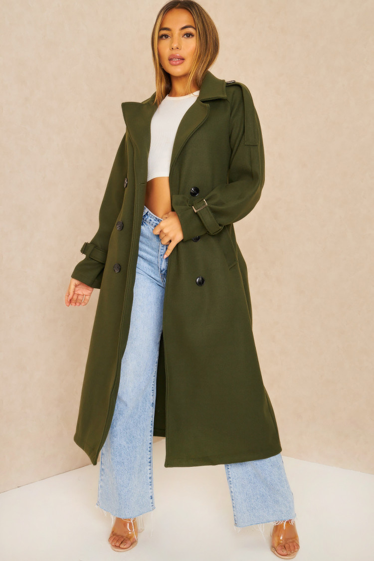 Manteau long duveteux style trench kaki