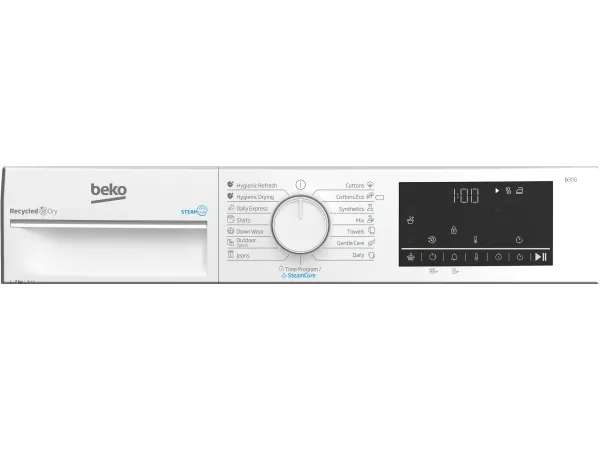 Beko B3T67230, Fritstående, Front-læsning, Varmepumpe, Hvid, Dreje, Rustfrit stål