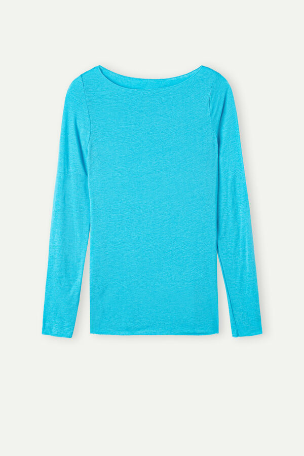 Camiseta de manga comprida ultraleve com decote canoa em cashmere modal