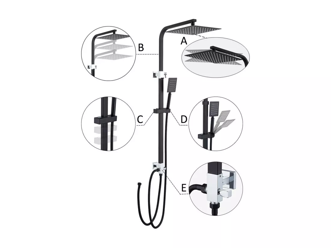 Ensemble de Douche Noir Colonne de Douche en Laiton sans Mitigeur Systhème de Douche avec Douchettes à Main et Tête de Douche Carré