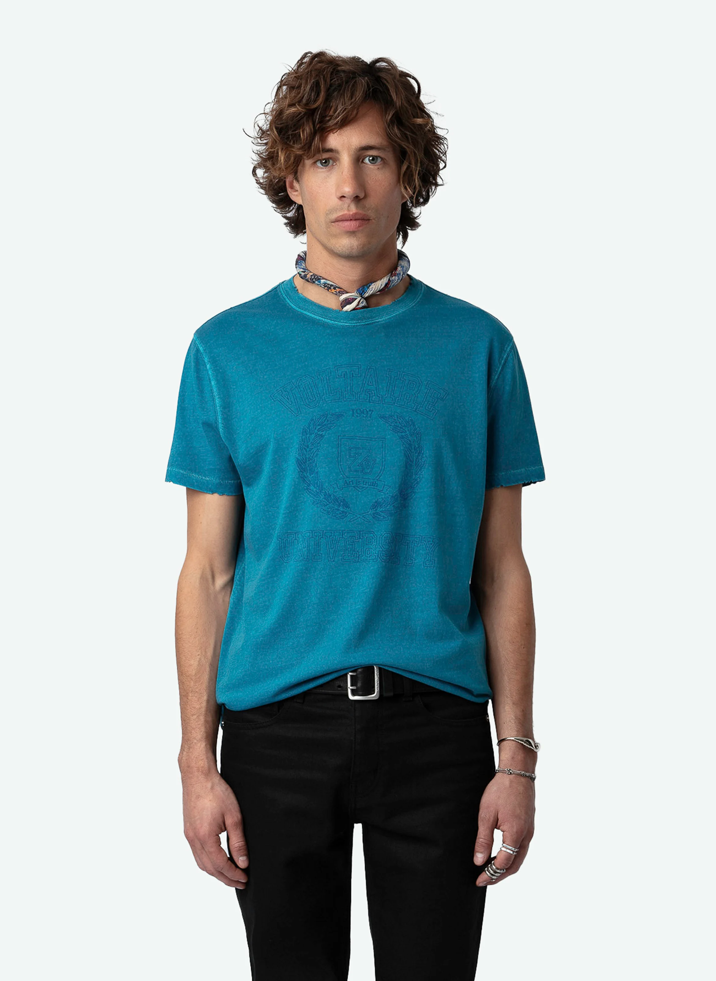 JIMMY - Tee-shirt droit col rond en coton bio sérigraphié | Bleu