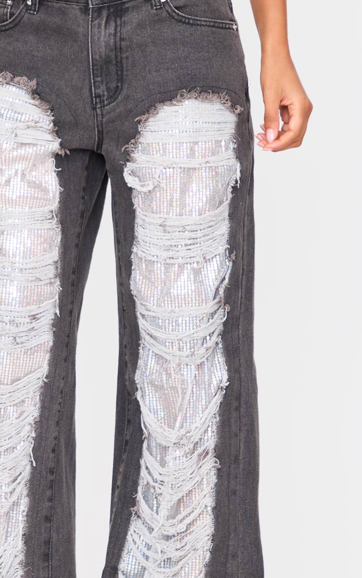 Noir Délavé Jean Droit À Effet Usé Extrême Avec Empiècements À Sequins