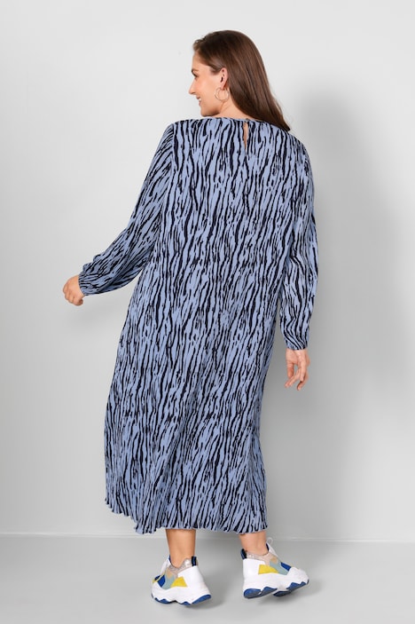 Midi-Plissekleid, Straight Fit, Alloverdruck, Rundhals, Langarm