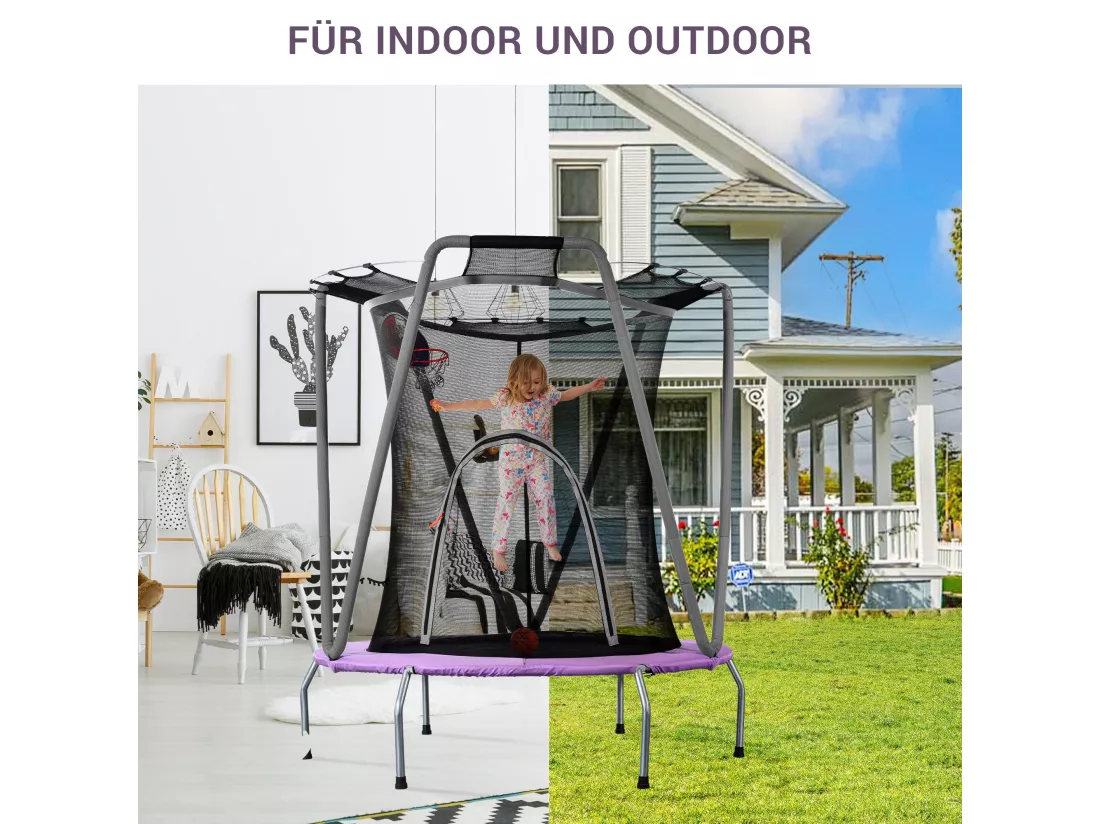 Ensemble de trampoline rond pour enfants - 147 x 147 x 157 - en materé acier - l'intérieur et l'extérieur - gris