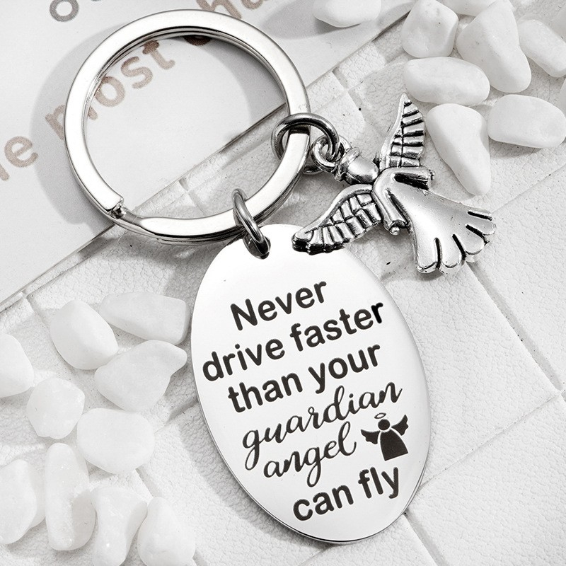 Metall Schutzengel Schlüsselanhänger Drive Safe Handtaschen Accessoire Glücksbringer mit Spaltring - Silber