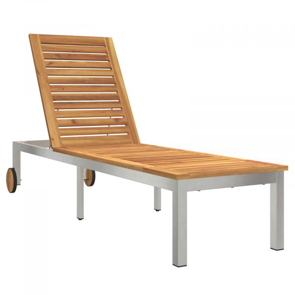 vidaXL Espreguiçadeira com Rodas 207x58x35 cm Madeira Sólida de Acácia e Aço Inoxidável - 4228489456