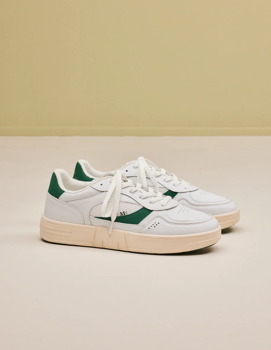 Baskets basses Aimé - Cuir recyclé et suède vegan blanc vert forêt