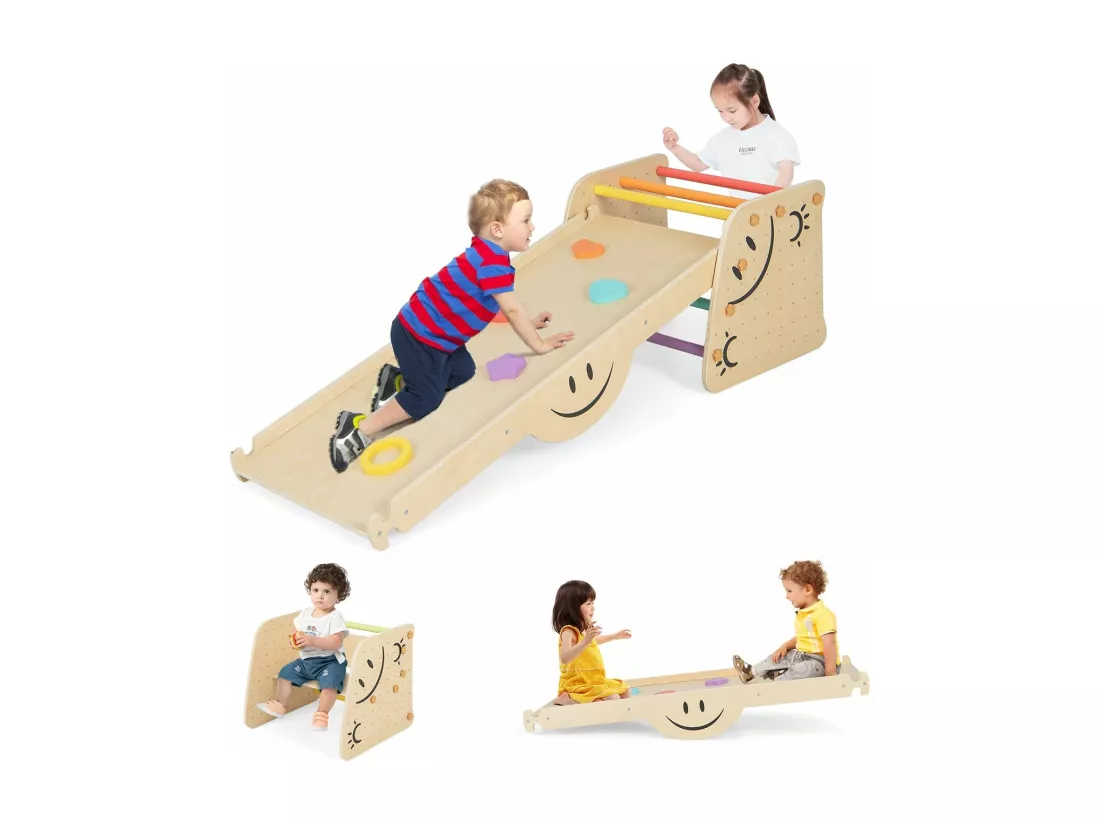 Échelle d'escalade Montessori Enfants avec Rampe Double Face & Réglable, Jouet d'escalade en Bois avec Toboggan(Non Pliable)