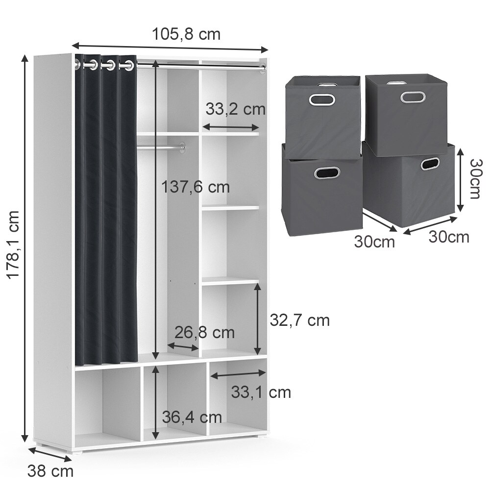 Vicco Kleiderschrank Schlafzimmerschrank Garderobe Luigi Weiß Faltbox 106 x 178 cm modern Schrankregal Organizer Vorhang Kleiderstange Fächer Aufbewahrung Ablage