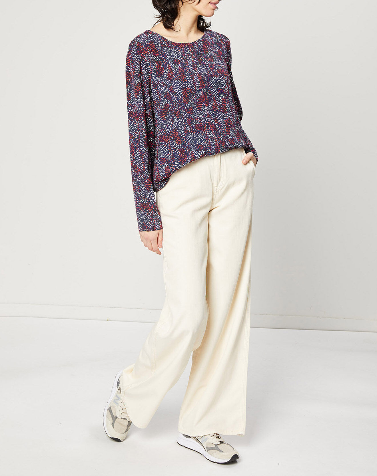 Esprit Blouse fluide à manches bouffantes motifs prune/bleu