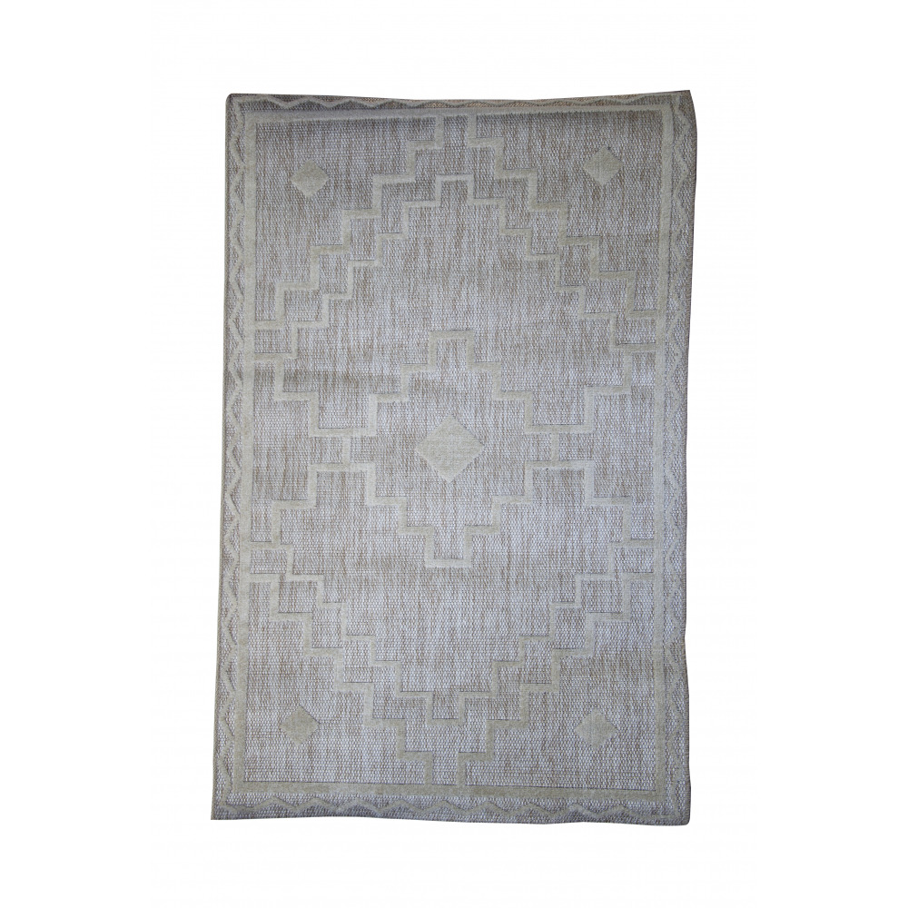 Tapis salon chambre poils ras effet jute motifs ethniques blanc et beige scandinave 100x150cm- décoration- mobilier d'intérieur