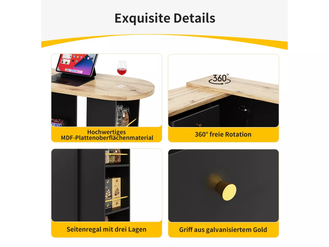 Meuble de bar pivotant - une porte, 2 tiroirs, 3 étagères & 2 niches - MDF plateau effet bois - 138 cm/105x39x102 cm - Noir