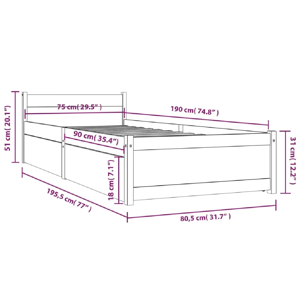 Vidaxl videXl Cadre de lit avec tiroirs bois massif 75x190 cm