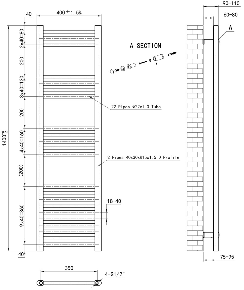 Eastbrook Wendover handdoekradiator 40x140cm 429W chroom
