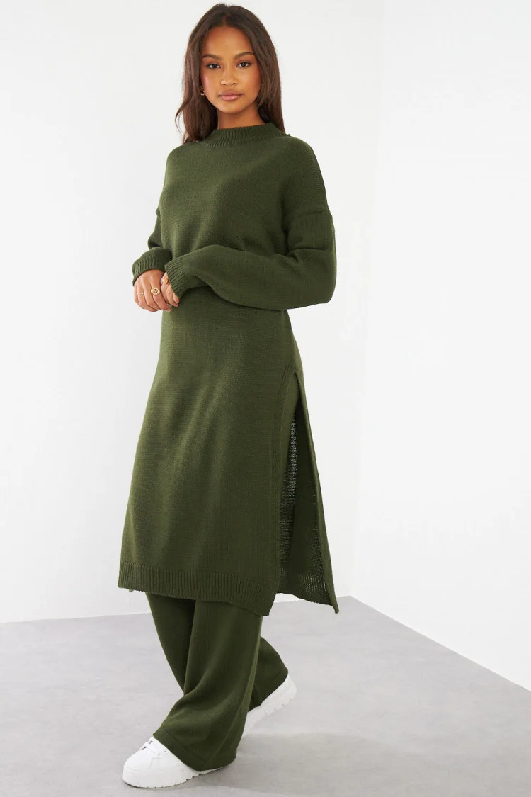 Ensemble 2 pièces pull long + pantalon en laine kaki