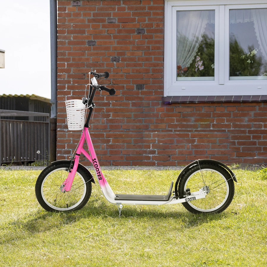 HOMCOM Kinderroller mit Vorderkorb rosa, weiß