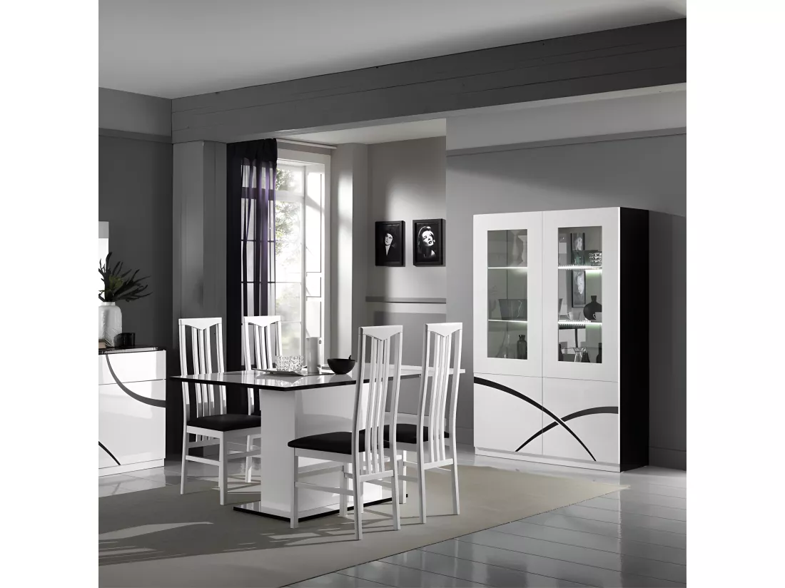 Vaisselier 4 portes Blanc/Noir laqué à LEDS - CROSS - L 118 x l 46 x H 181 cm