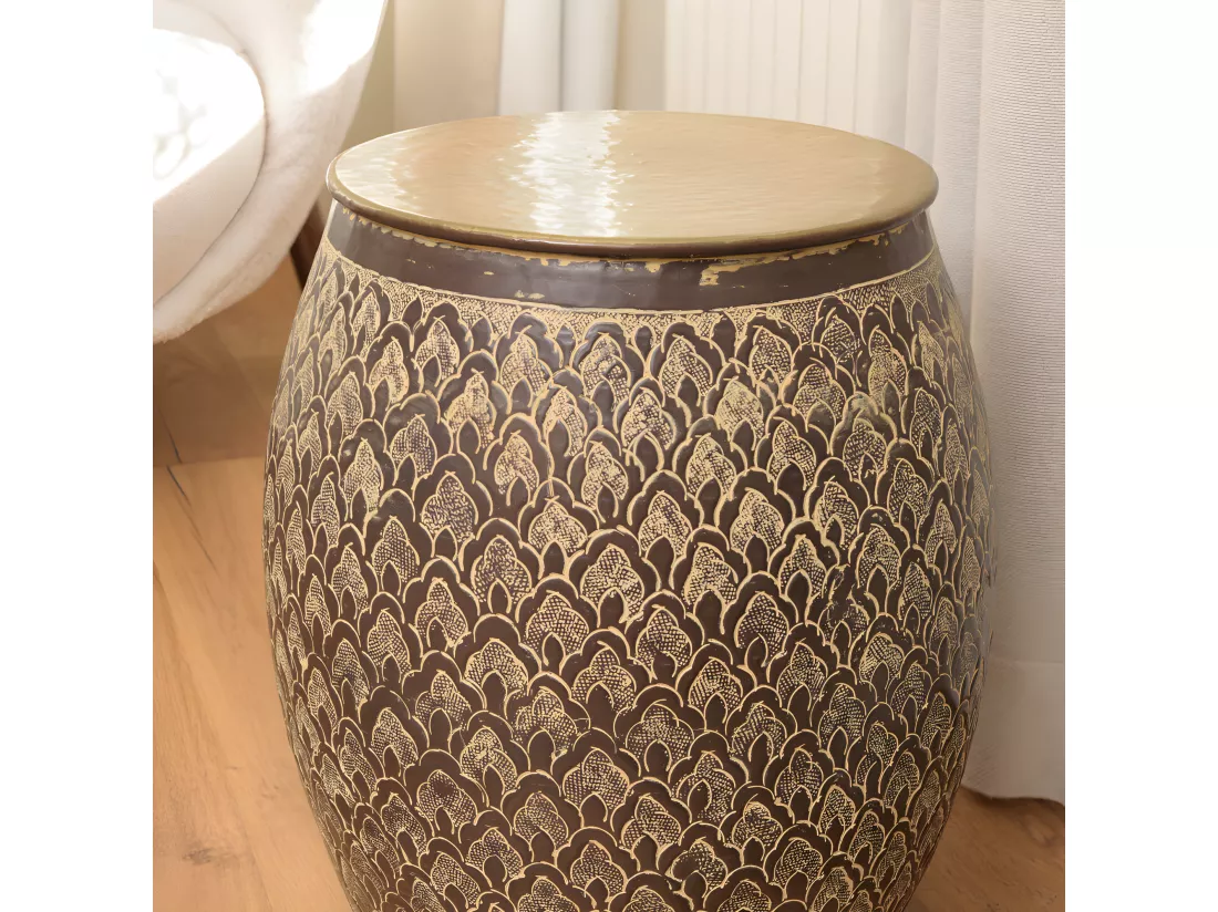 HONORE - Table d'appoint alu L40cm H45cm marron antique et motifs doré