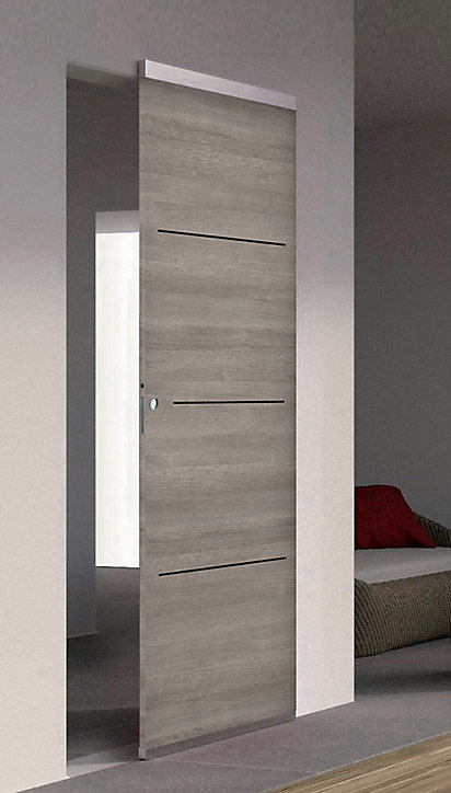 Porte coulissante Triaconta gris clair inserts noirs mat H.204 x l.93 cm