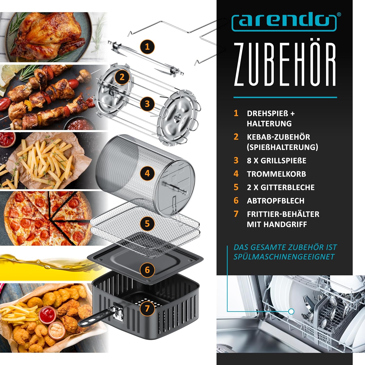 Arendo - XXL Heißluftfritteuse 16 Liter - Grill - Dörrautomat - Backofen - Air Fryer - Touchscreen - Easy&Clean - Fritteuse ohne Öl - Umluft - Pizza Hähnchen Pommes - BPA frei - schwarz