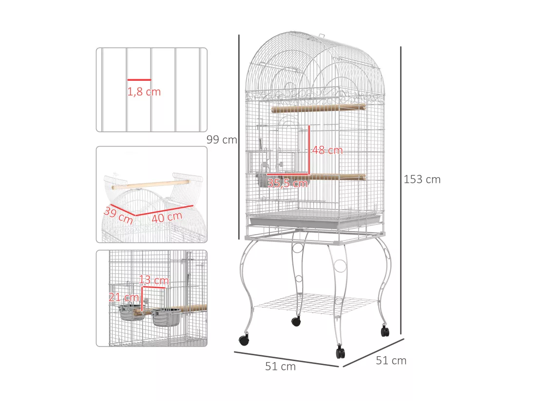 Cage à oiseaux volière sur roulettes - étagère, grille, plateau amovible, 2 bols acier inox, perchoir - acier blanc