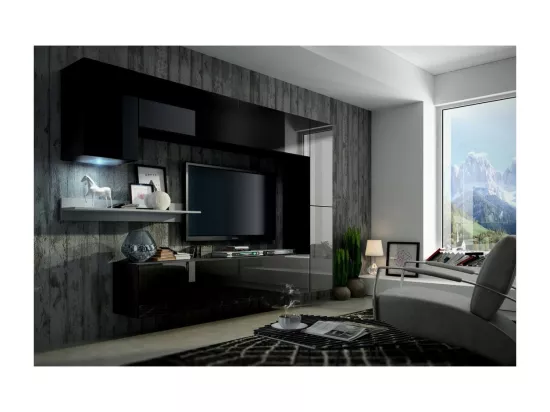 Ensemble de meubles de salon noir suspendus collection CEPTO VI 256cm, 7 portes, étagère murale blanche, leds, modulables.