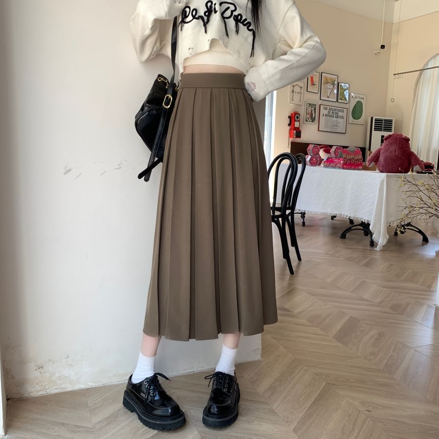 Shinsei - Hoge taille effen accordeon geplooide midi A-lijn rok