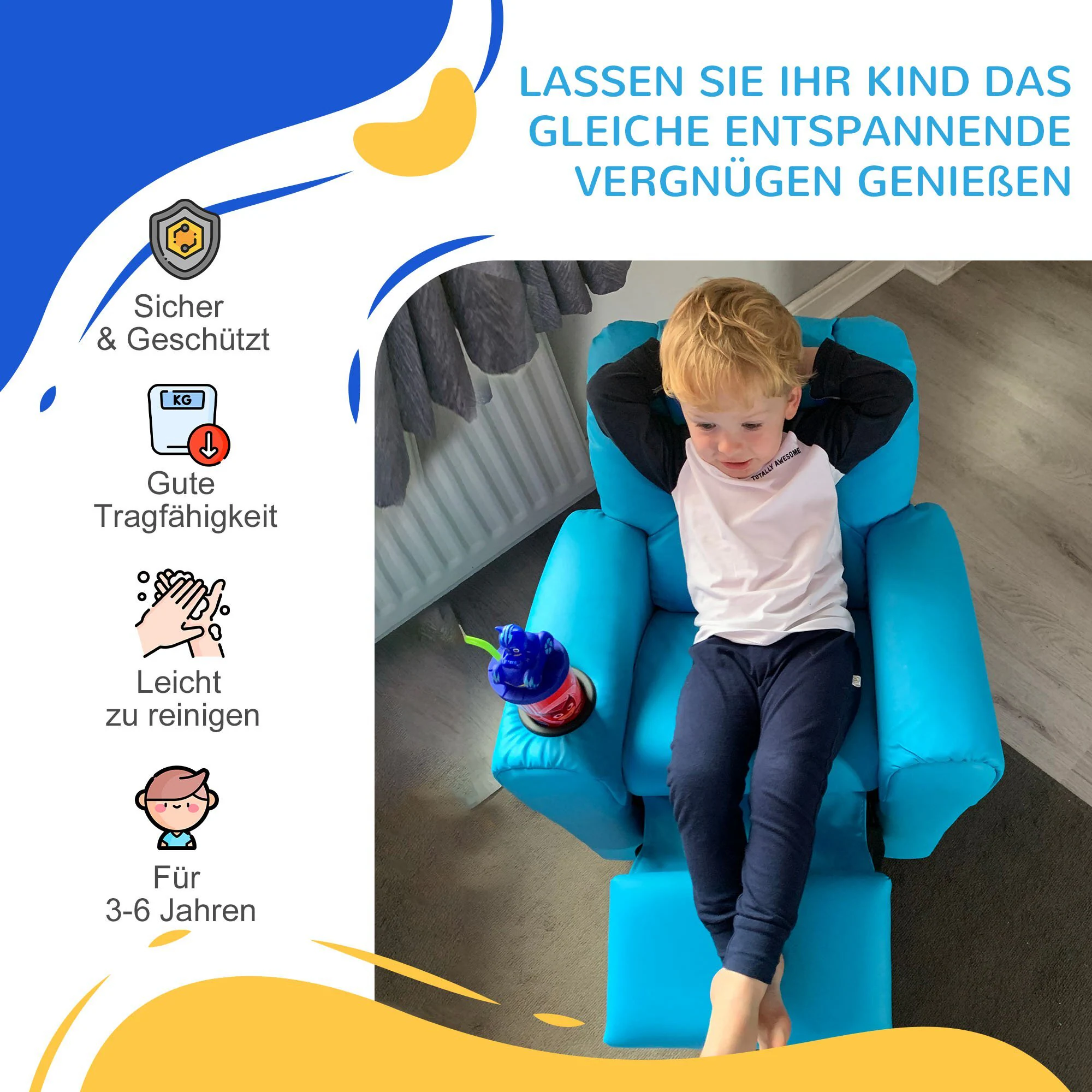HOMCOM Kindersessel mit Liegefunktion blau 62 x 52 x 69 cm (BxTxH)