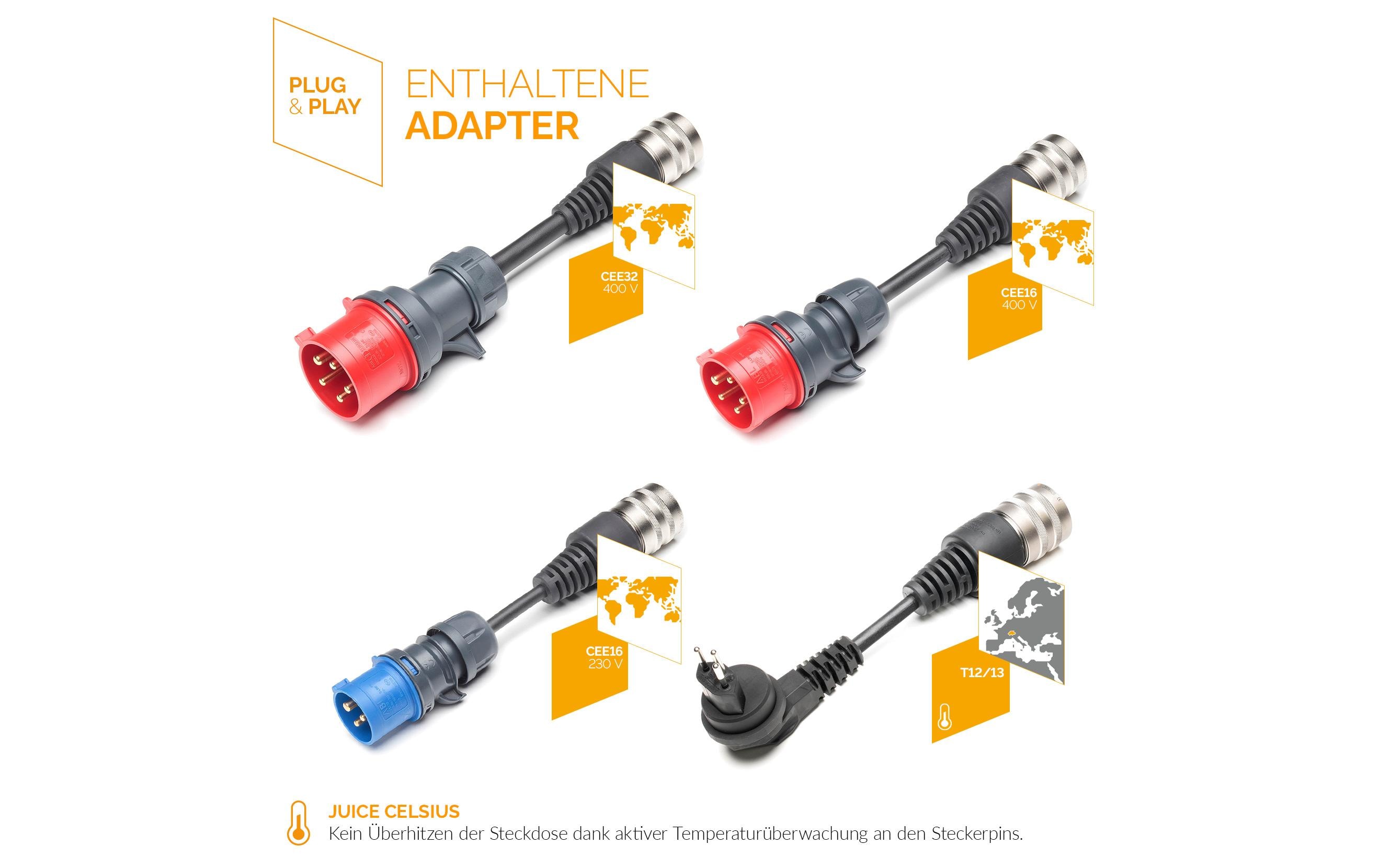 Mobile Wallbox JUICE BOOSTER 2 Swiss Traveller Set<br>Die flexible 3-in-1-Ladelösung für Elektrofahrzeuge für zuhause oder unterwegs