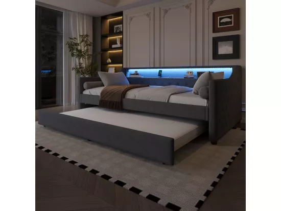 Canapé-lit 90 x 200 cm - avec éclairage LED - avec lit gigogne - avec USB - lin - avec sommier à lattes - gris