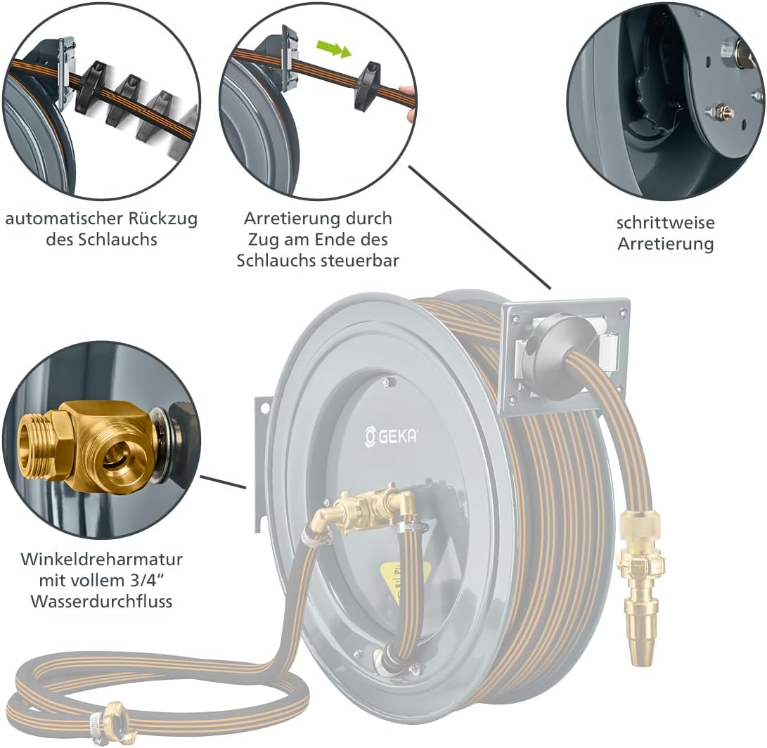 GEKA plus Automatischer Schlauchaufroller PA20GSK (robuster Schlauchaufroller, Stahlkonstruktion, autom. Rückzug, schrittweise Arretierung, mit 15 m Gummi Wasserschlauch)