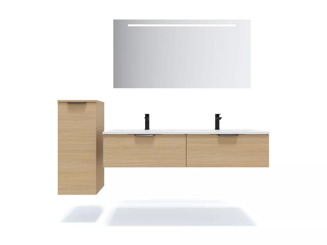 Meuble de salle de bain suspendu double vasque intégrée 140cm 2 tiroirs Chêne clair - Soho