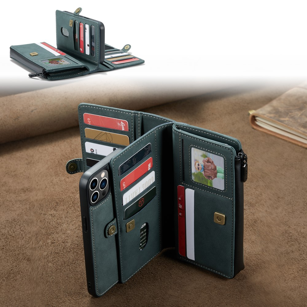 iPhone 13 Pro 3in1 Leder Tasche   Magnet Hardcase Karten Etui - Blau / Grün