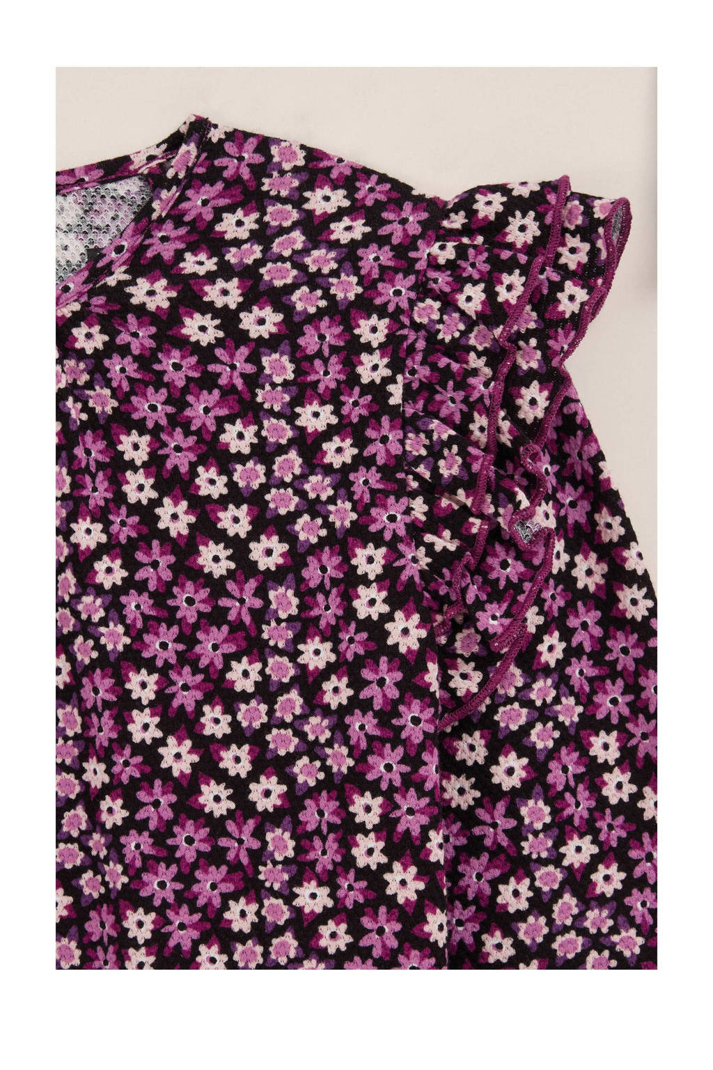 WE Fashion gebloemde longsleeve roze/donkerpaars/ecru