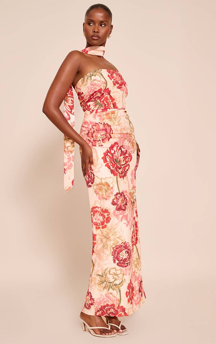 Multicolore Robe Longue En Mousseline À Imprimé Fleuri Avec Bustier Et Détail Foulard