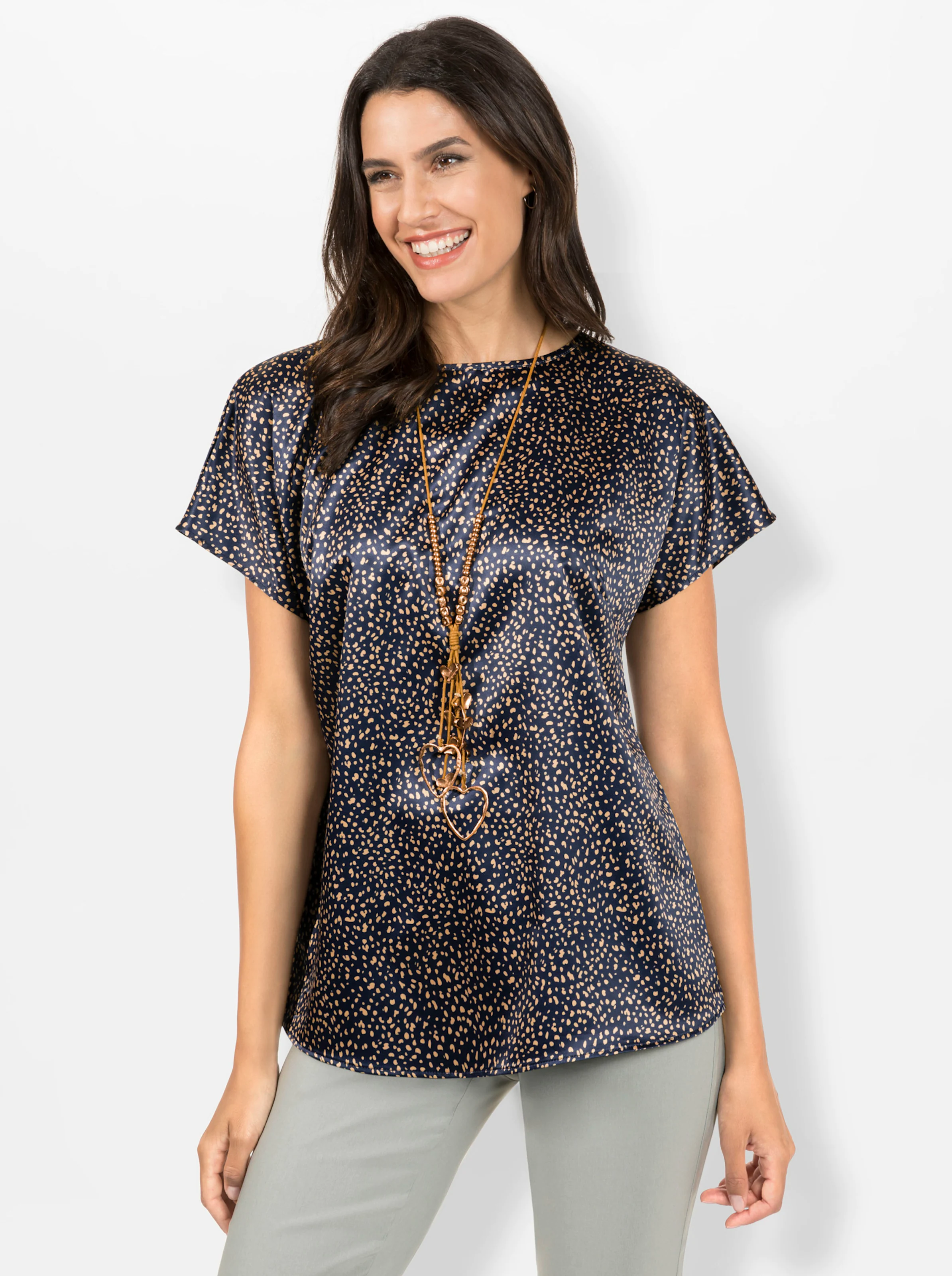 Bluse in marine-camel-bedruckt