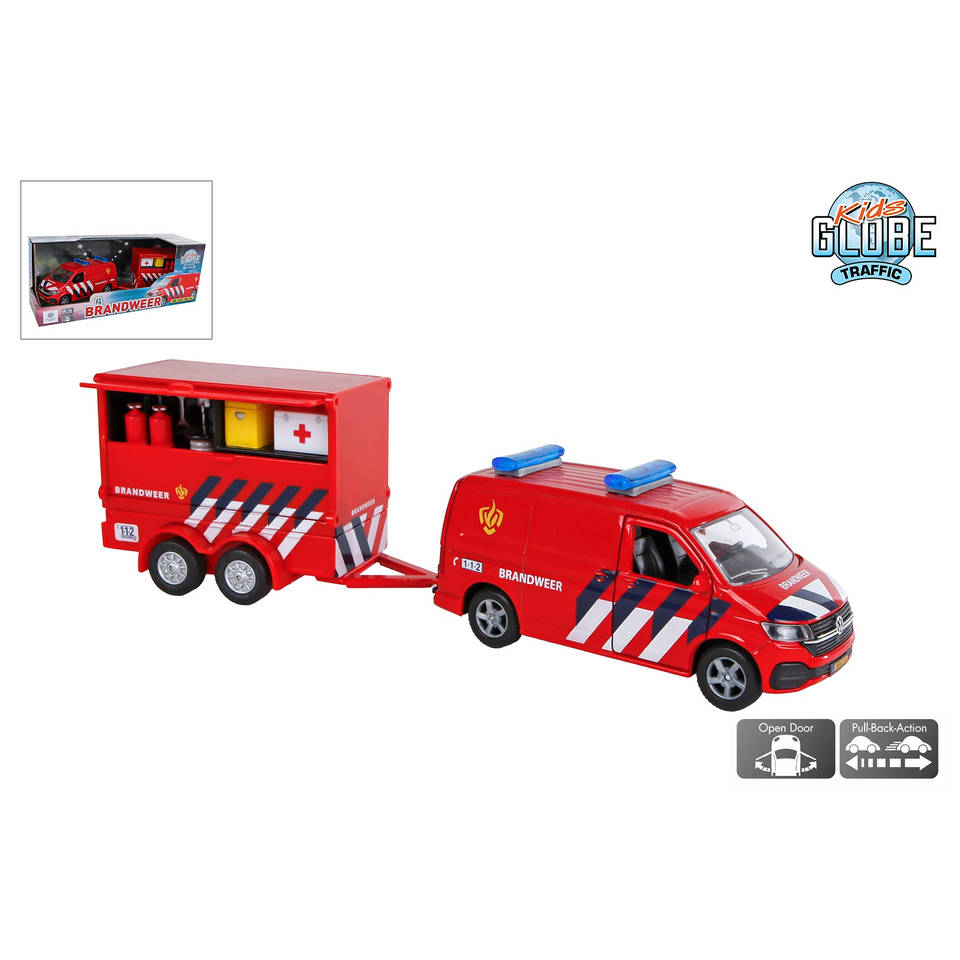 Kids Globe Traffic pull back Volkswagen Transporter brandweer met aanhangwagen