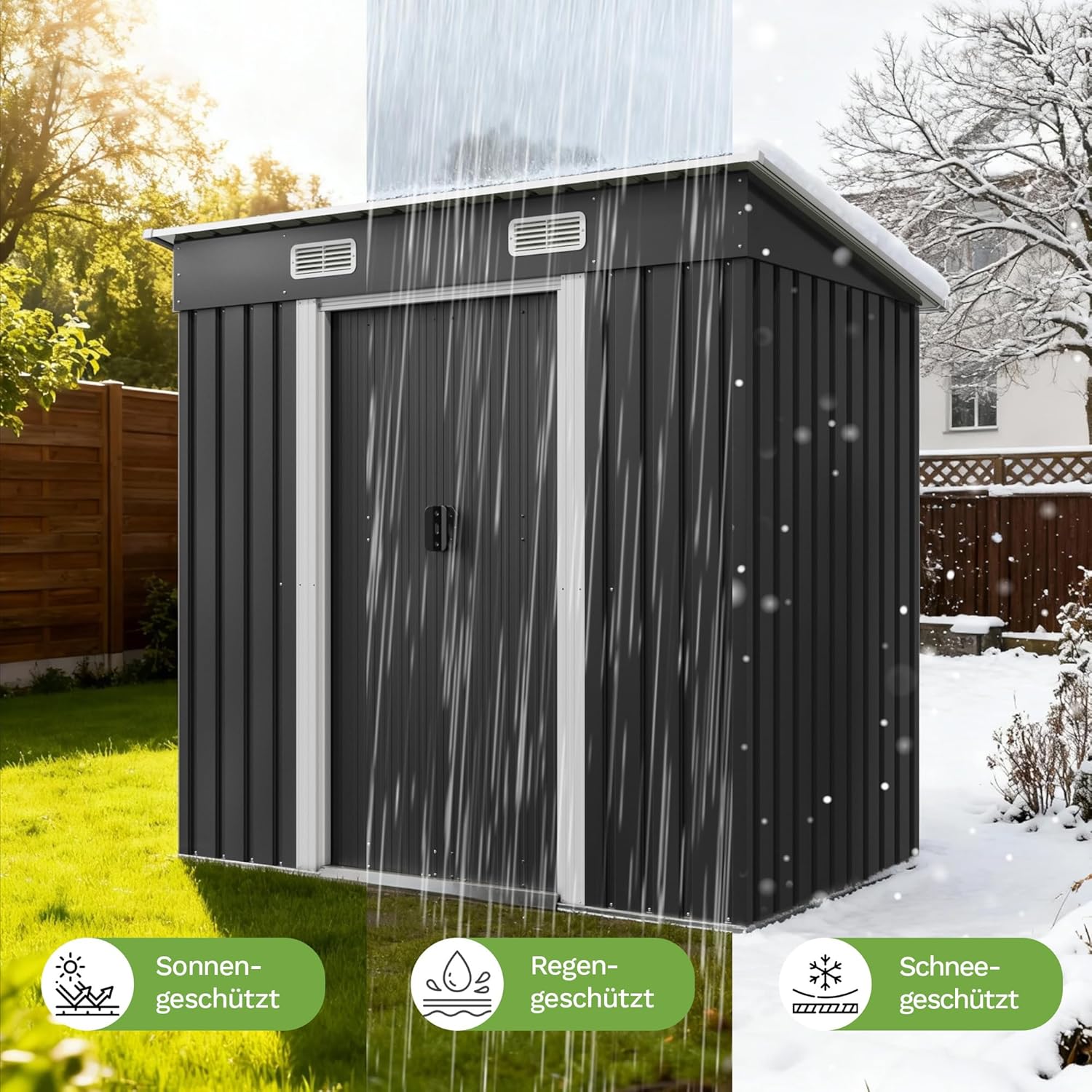 Metall Gerätehaus 183x109x182cm mit Fundament 3.6m³ Gartenhaus mit Pultdach & 2 Schiebetür, Anthrazit, Farradgarage, Wetterfest für Gartengeräte und Mülltonnen