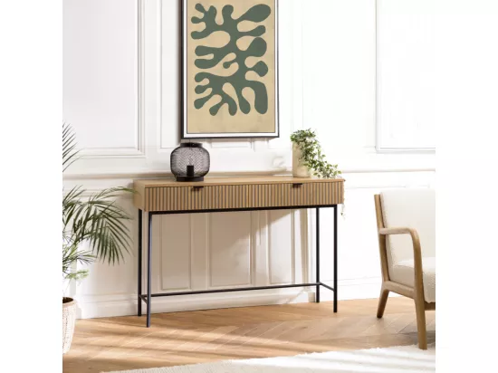 SCOTT - Console 2 tiroirs décor effet bois rainuré noir/naturel