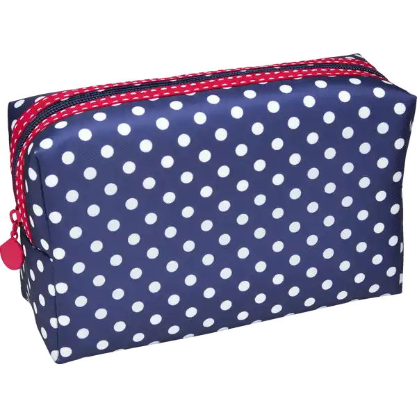 Schminktasche dunkelblau mit weissen Punkten und rotem Webband