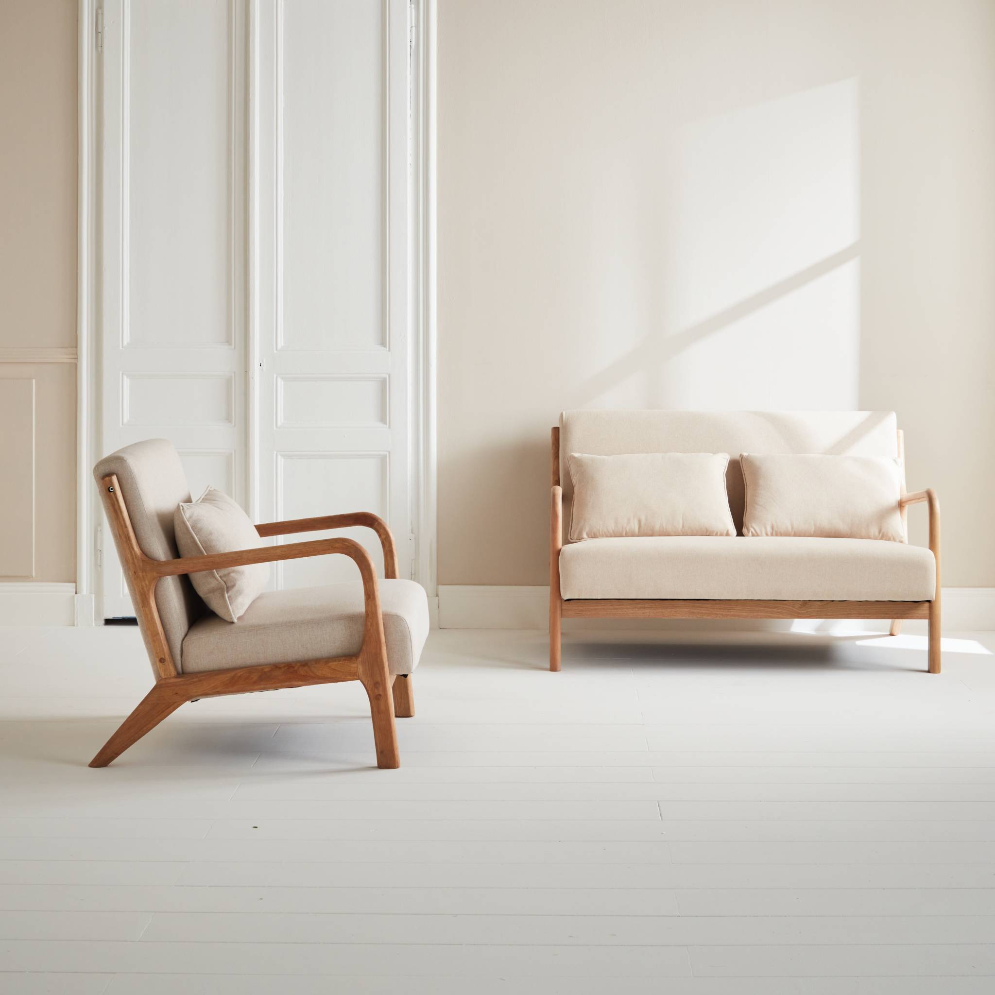 Banquette 2 places + fauteuil en bois et tissu beige