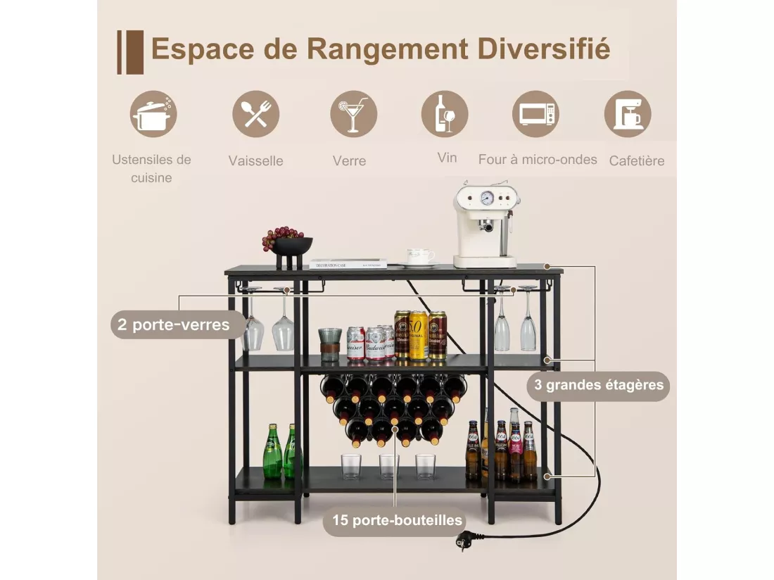 Étagère à vin 15 bouteilles, étagères de rangement, prises de courant, 2 ports usb (gris)