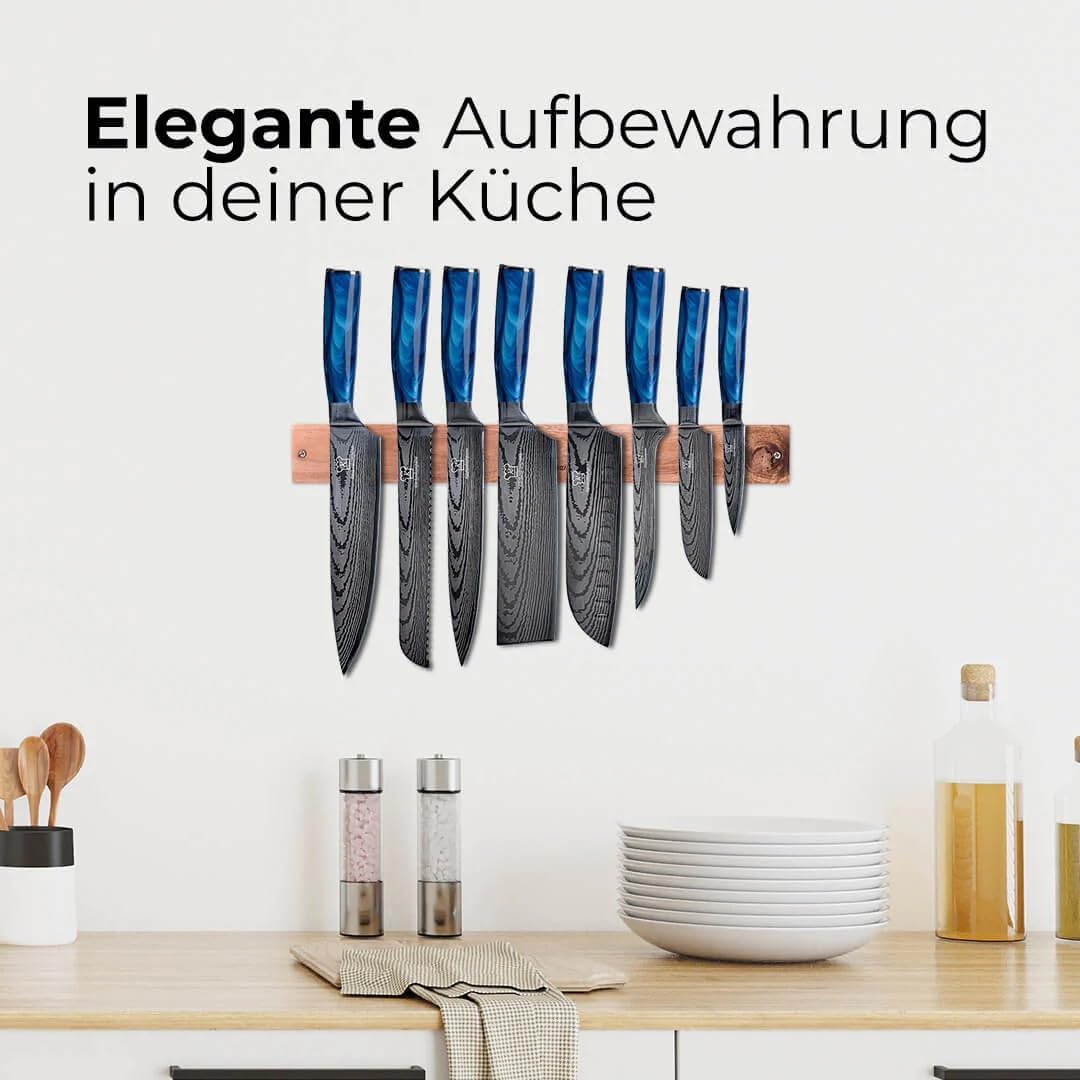KÜCHENKOMPANE – Edelstahl Messerset Shiburu mit magn. Messerleiste als Messerblock | 8-teiliges Küchenmesser Set im Damast Design | Kochmesser mit ergonomischen Epoxid-Griff | Designed in Germany