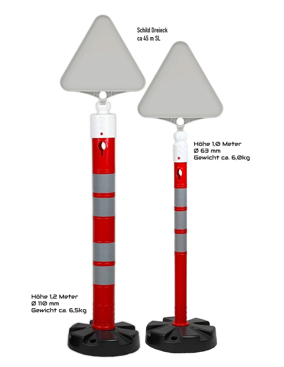 Waarschuwingsbord, kunststof, schroefdraad, UV-beschermde flexibele paal, ECO verkeerskegel, kettingpaal / driehoek