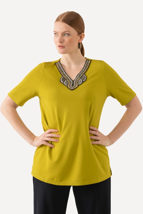 T-Shirt, Stickerei, A-Linie, Tunika-Ausschnitt, Halbarm